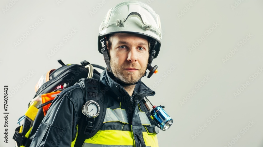 Fototapeta premium Paramedic wearing a paramedic uniform, with medical equipment, isolated on white background