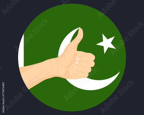 Hand approve sign with Pakistan flag, thumb up, approval or vote concept