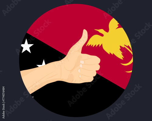 Hand approve sign with Papua New Guinea flag, thumb up, approval or vote concept