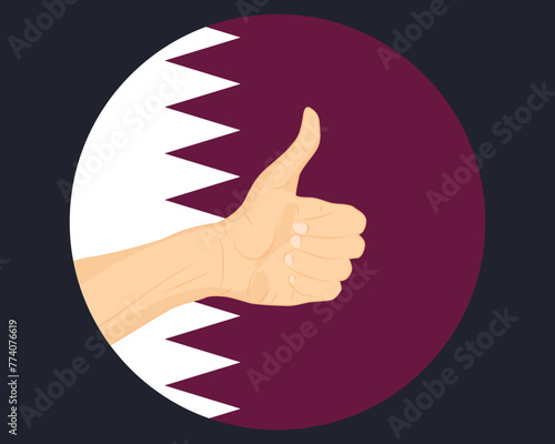 Hand approve sign with Qatar flag, thumb up, approval or vote concept