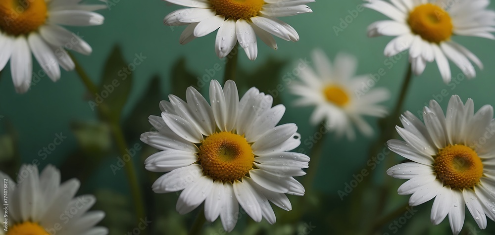White daisies on a green background. Chamomile flowers - obrazy, fototapety, plakaty 