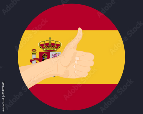 Hand approve sign with Spain flag, thumb up, approval or vote concept