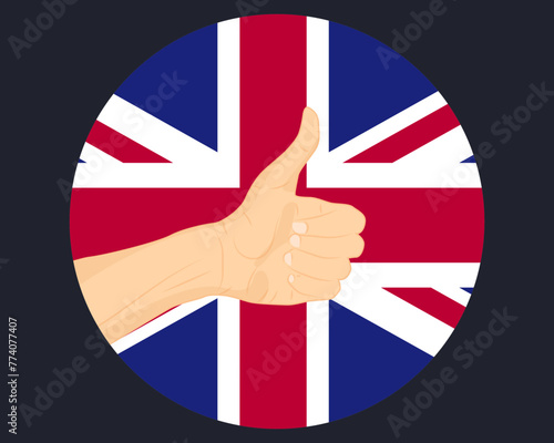 Hand approve sign with United Kingdom flag, thumb up, approval or vote concept