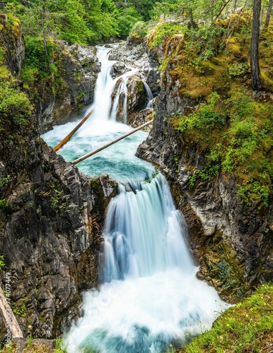 Vertical shot of a waterfall in Little Qualicum Falls Provincial Park