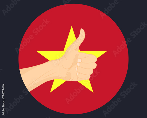 Hand approve sign with Vietnam flag, thumb up, approval or vote concept