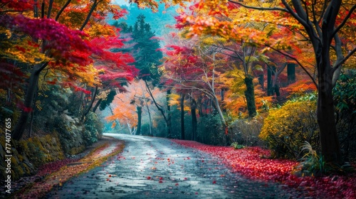 Autumn landscape in beautiful forest with colorful trees. colorful leaves of fall in nature. autumn season in japan. Road scenery in the jungle on mountain. Beautiful autumn colors. Autumn background. photo