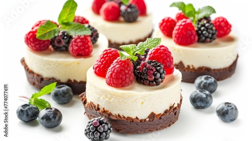 On a white background, cheesecakes with fresh berries and mint are isolated