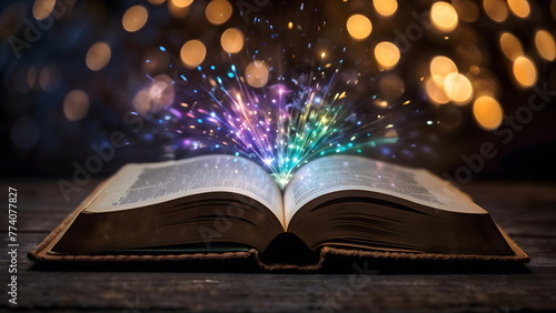 An open book with a colorful burst or sparkles coming out of it, set against a bokeh background. Concept for biblical faith.