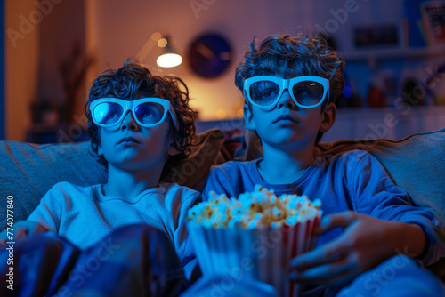 Kids Enjoying Movie Night with 3D Glasses and Popcorn