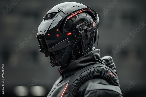 Side view of a person wearing a modern, black motorcycle helmet with red LED accents on a blurred background.