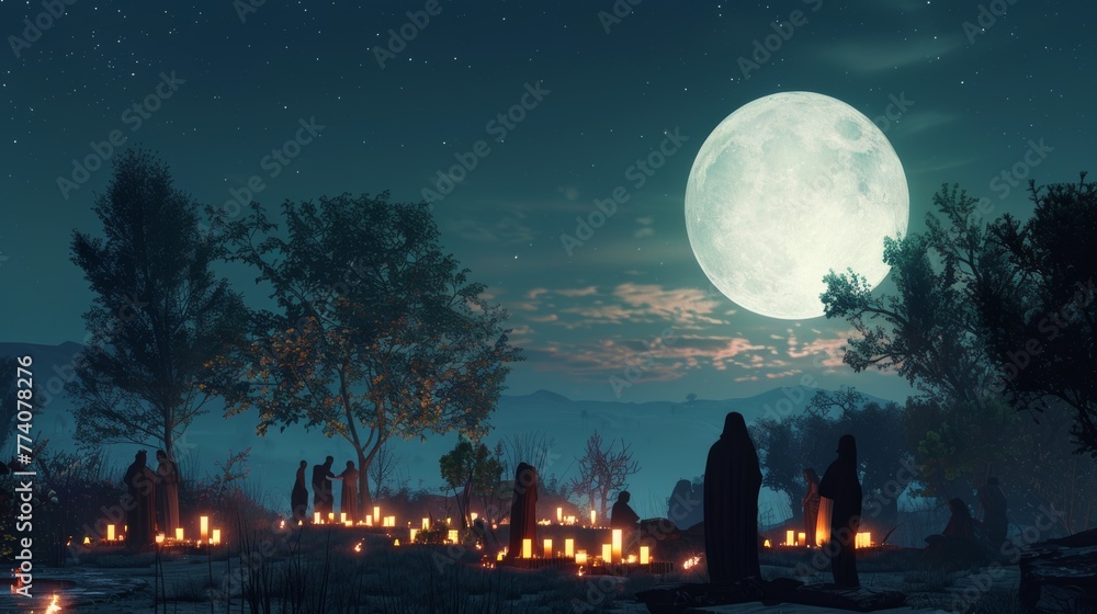 A tranquil outdoor scene with a luminous full moon hanging in the night sky. People gather to light candles and offer prayers A tranquil outdoor scene with a luminous full moon hanging in the night sky. People gather to light candles and offer prayers