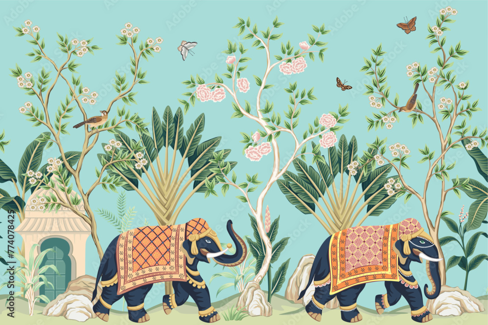 Naklejka premium Vintage botanical palm tree, Indian elephant, floral tree, butterfly, bird, plant floral seamless border. Exotic chinoiserie mural.