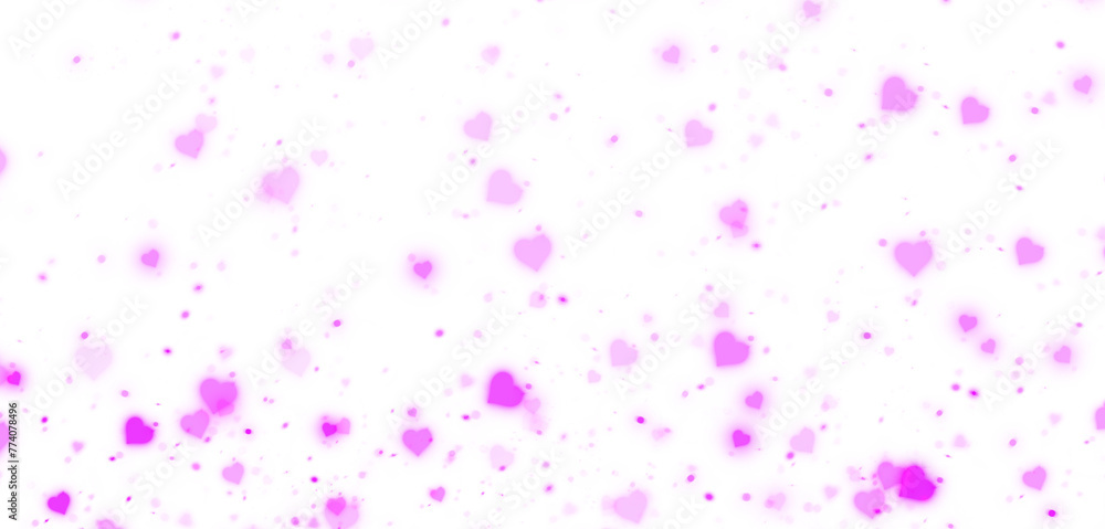 abstract background with pink neon hearts. Hearts confetti on an isolated background. 