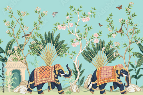 Vintage botanical palm tree, Indian elephant, floral tree, butterfly, bird, plant floral seamless border. Exotic chinoiserie mural.