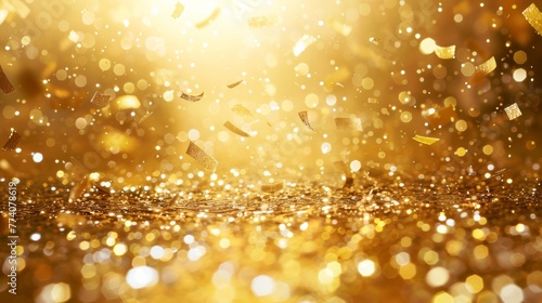Gold confetti raining down on a shimmering gold background  celebrating the achievement 