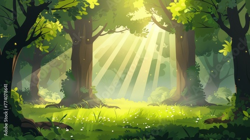 Bright spring sunbeams filtering through a whimsical cartoon tree..jpeg