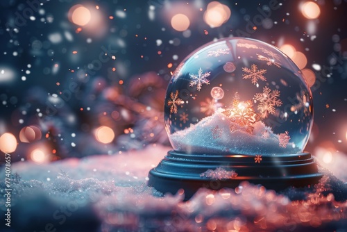 Snow globe with swirling snowflakes and miniature pine trees, concept of winter holidays and festive decorations