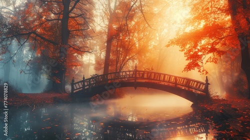 Autumn nature landscape. Lake bridge in fall forest. Path way in gold woods. Romantic view image scene. Magic misty sunset pond. Red color tree leaf park. Calm bright light  city sunrise  sunlight sun