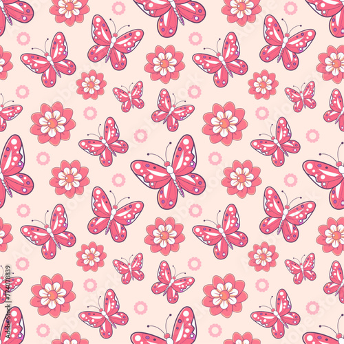seamless pattern with butterflies and pink flowers © Curly