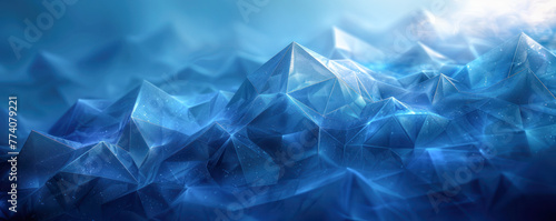 Crystal Blue Digital Mountains. Illustration with sharp geometric peaks in varying shades of blue, evoking a sense of a frozen digital landscape.