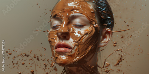 Beautiful young woman's face artfully covered with chocolate, her eyes closed in a serene expression, close-up beauty
