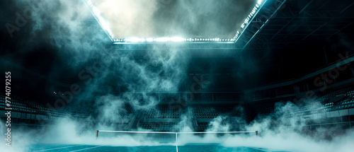 Professional tennis court, stadion, arena with dramatic steam or smoke. Sport lifestyle background. Copy space. Mockup or banner for sports competitions. Generative ai 