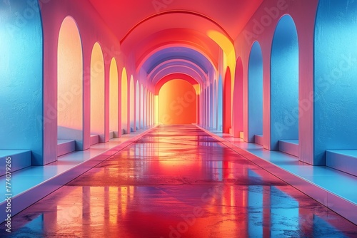 Endless corridor with arches and vibrant neon lights, Concept of infinity and perspective in a modern architectural environment