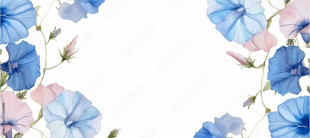 Fototapeta premium Watercolor painting of blue and pink of Morning Glory flowers positioned in the left and right of the frame, on a white background.