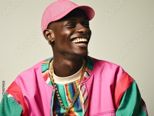 A man wearing a pink and green jacket and a pink hat is smiling