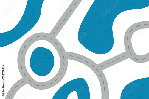 Empty map with roads and rivers top view on white background. Vector scheme road map