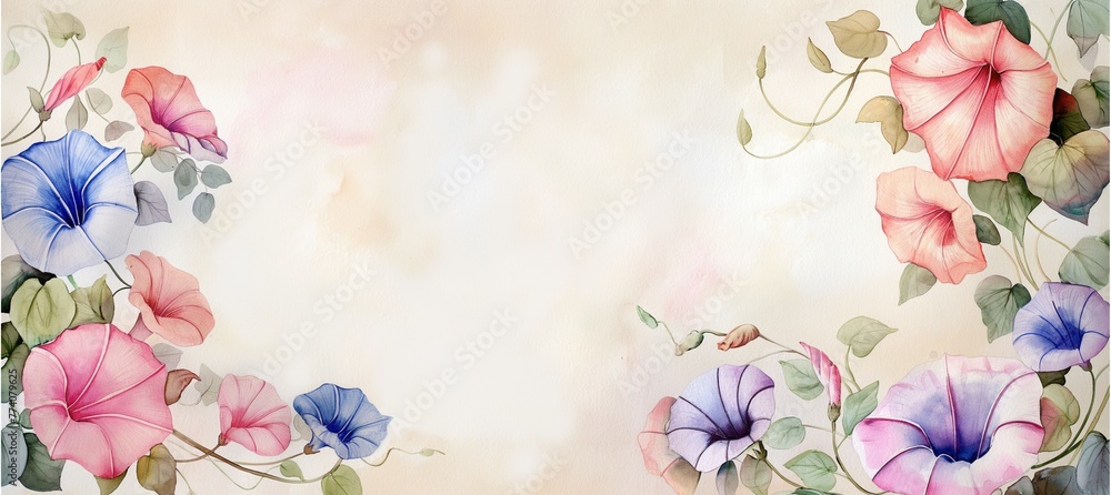 Watercolor painting of colorful Morning Glory flowers positioned in the left and right of the frame.