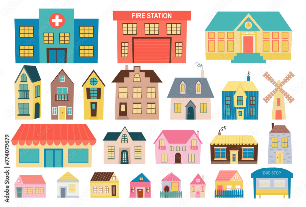 Vector set of flat style houses different shapes and sizes. Flat houses and town buildings set Vector set of flat style houses different shapes and sizes. Flat houses and town buildings set