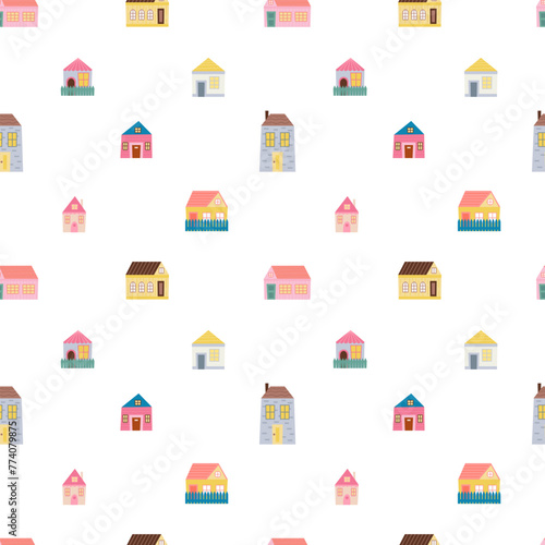 Seamless pattern with town houses on white background (ID: 774079875)