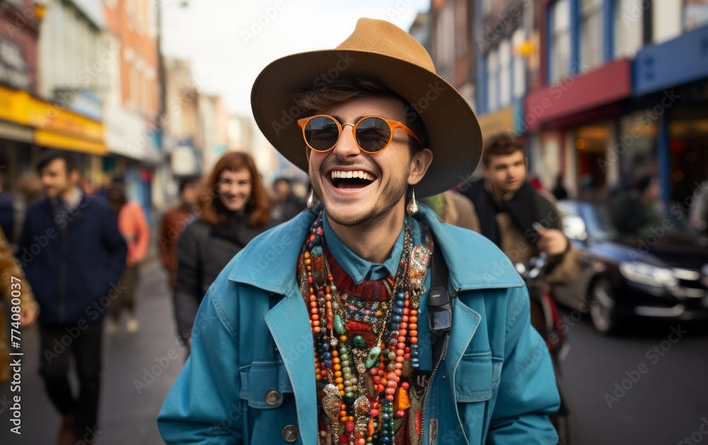 A man wearing a blue jacket and a straw hat is smiling and laughing A man wearing a blue jacket and a straw hat is smiling and laughing