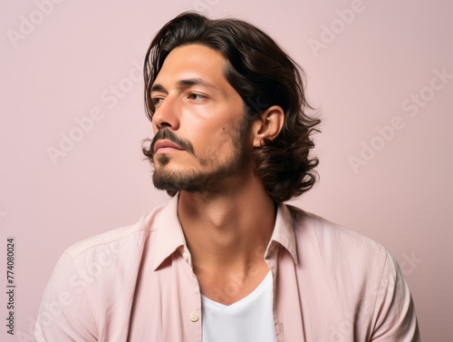 A man with a beard and long hair is wearing a pink shirt and white shirt © hakule