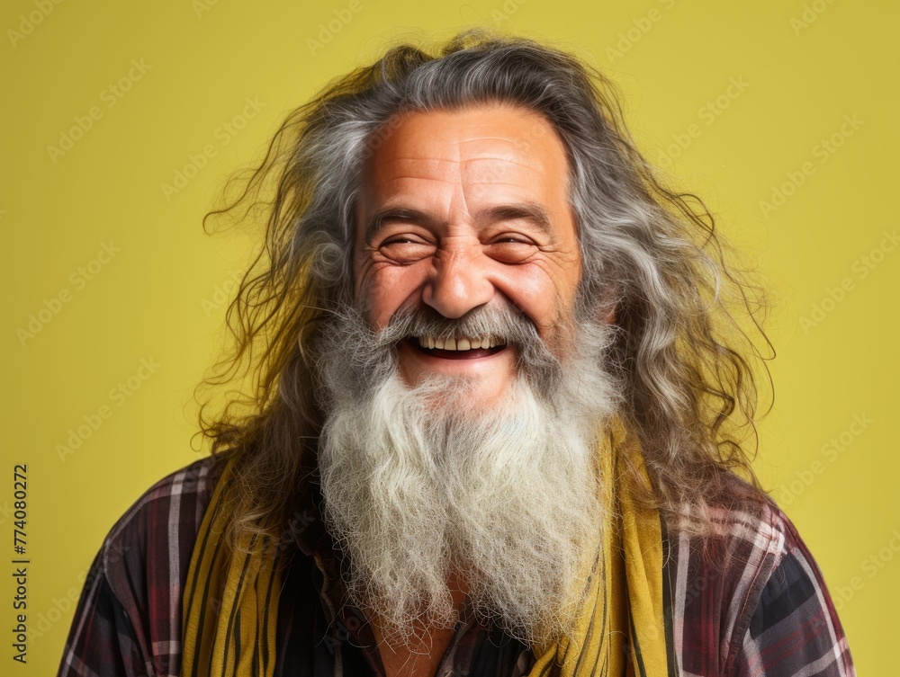 A man with a big smile on his face and a lot of hair A man with a big smile on his face and a lot of hair
