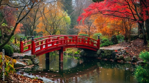 Beautiful Japanese Garden and red bridge