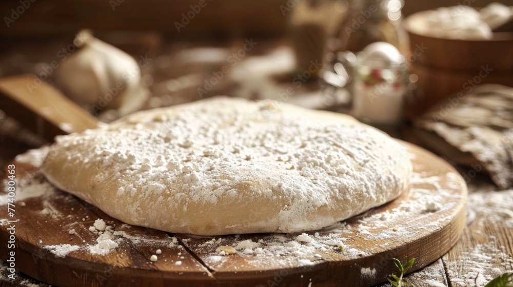 A perfectly round pizza base resting on a wooden peel, dusted with flour to prevent sticking