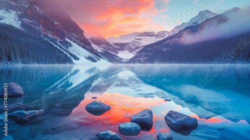 Beautiful Lake Louise in Banff National Park, Canada. Photographed at sunrise.