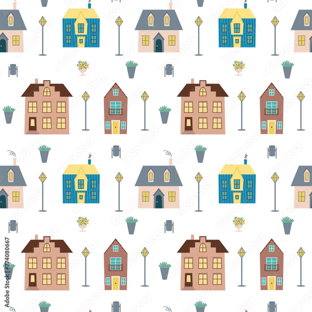 Seamless pattern with vector houses on street and street lights on white background