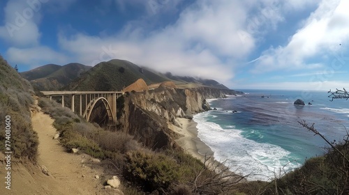 Bixby Creek Bridge on Highway 1 at the US West Coast traveling south to Los Angeles, Big Sur Area, California photo