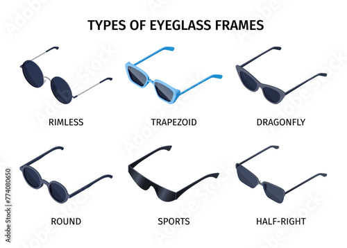 Isometric sunglasses elements collection with different types of glasses