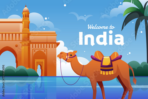 Gradient India travel background with Mumbai monument
