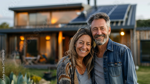 Smiling Couple Embracing in Front of Eco-Friendly Home at Sunset