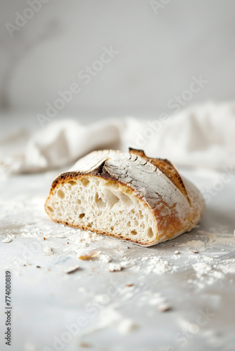 A close-up view of a freshly sliced artisan bread with a crisp crust and soft airy interior, dusted with flour