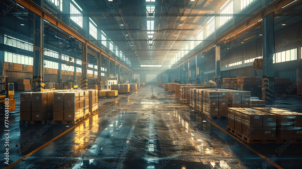 Sunlit Warehouse Interior with Stacked Boxes and Forklift in Operation