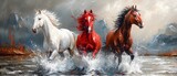 Modern painting, abstract, metal elements, texture background, horses, animals.