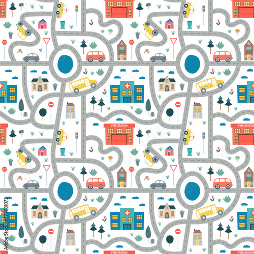 Cute flat city road map with houses and hospitals, fire station and cars. Vector big road map seamless pattern