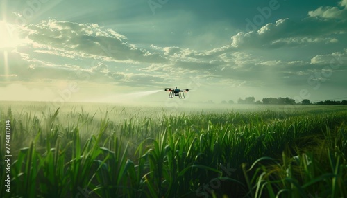 A drone spraying a field of crops by AI generated image photo