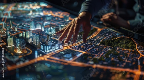 A persons hand rests on top of a detailed model of a city, showcasing urban planning and smart city visualization